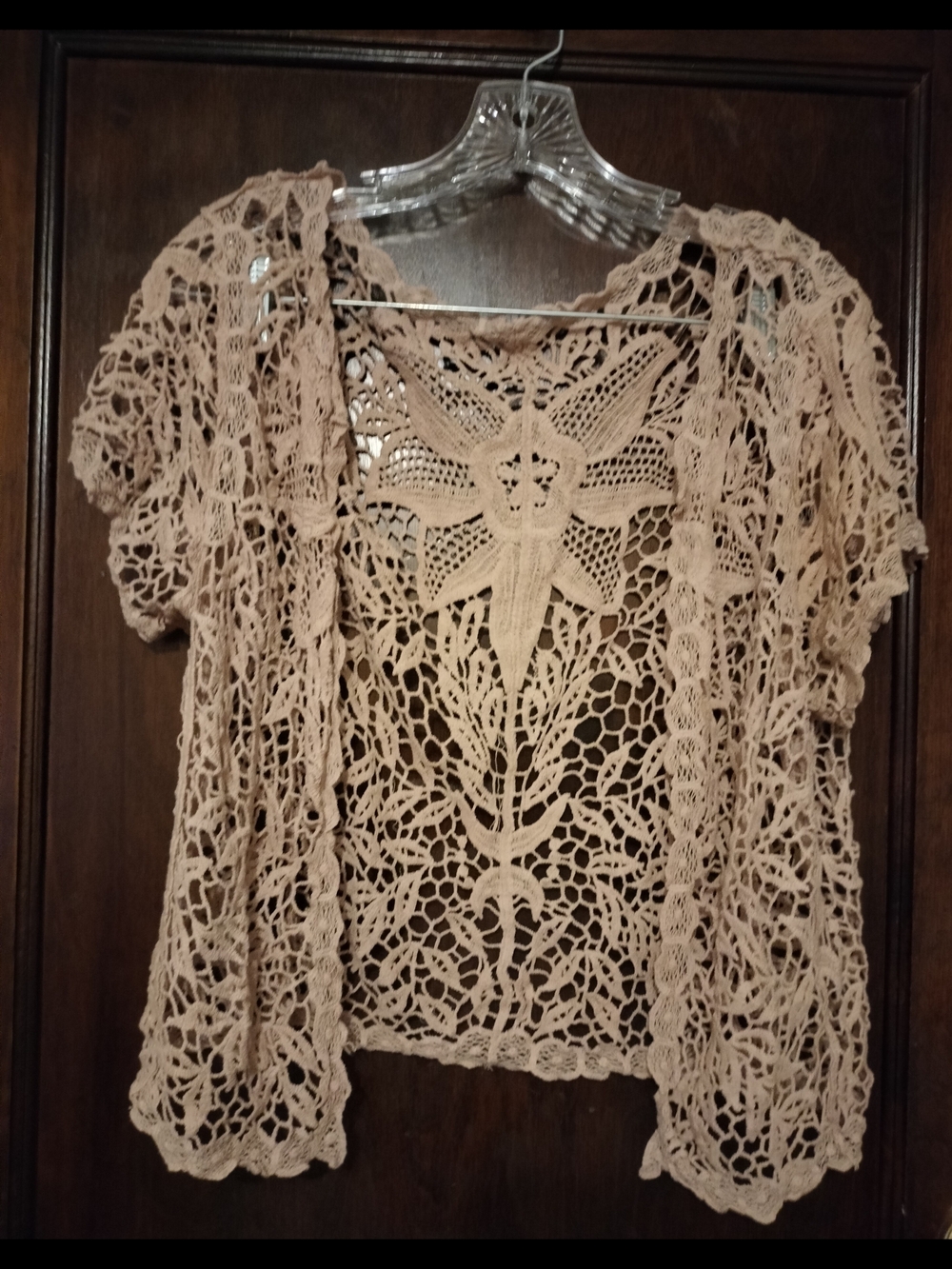 Delicate Crochet Lace Short-Sleeve Sweater - Coffe Color